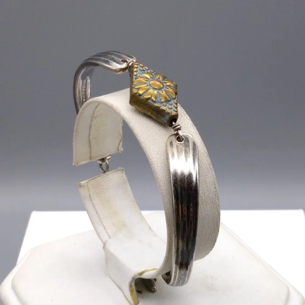 Vintage Community Silver Plate Utensil Bracelet, Upcycled Bangle with Floral - Picture 2 of 5